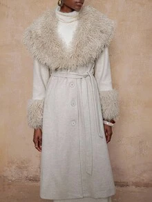 Lumalex VITNOS Fall/Winter Winter Women's Faux Fur Collar Elegant High-End Wool Blend Coat With Waist Belt Winter Outfit Glamorous Everyday Wear Special Occasion, Parties, Going Out, Teacher's Outfit, Business Casual, Luxury Coats For Women, Fall Clothes For Women, New Year Outfits, Holiday Look