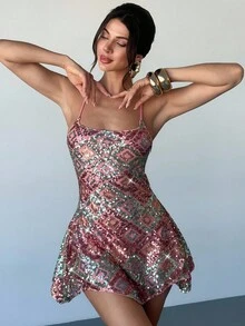 Firerie Women's Backless Sequin Geometric Print Bodycon Dress Mini Pink Green Party Vacation Wedding Guest Women,Summer Dresses For - Multicolor - View 7