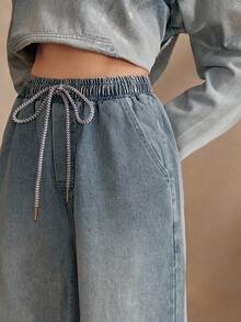 Anewsta New Women's Valentine's Day Printed Elastic Waistband Straight Leg Jeans - Blue - View 4