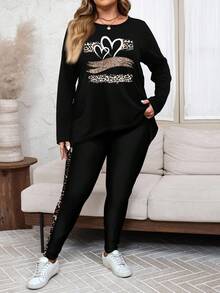 SHEIN LUNE Conjunto de 2 piezas de camiseta de manga larga y pantalones de yoga con estampado de leopardo y corazón brillante para mujer talla grande, adecuado para otoño/invierno