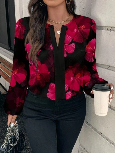 EMERY ROSE Elegant Floral Print Plus Size Blouse, Suitable For PartiesIn ,Flower/Spring/Summer/Vacation