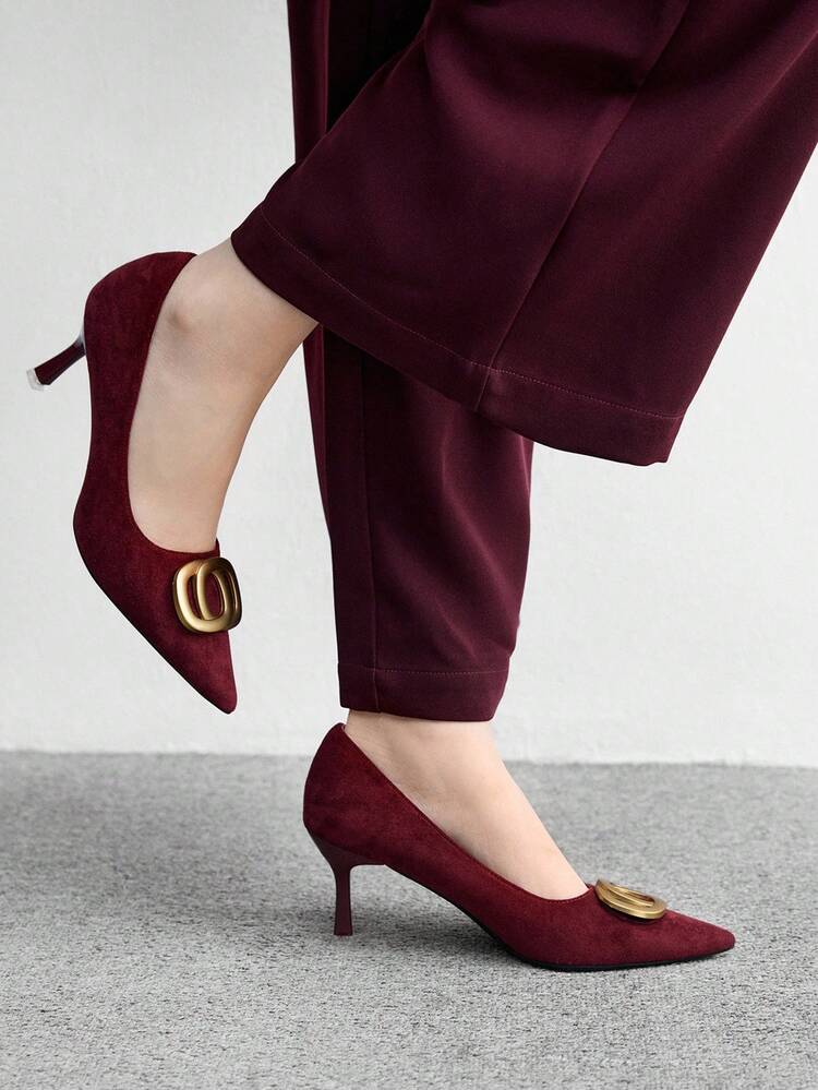 CUCCOO BIZCHIC New Burgundy High Heel Fashion Elegant Pointed Toe Metal Buckle Suede Comfortable Women High Heel Pumps For Christmas Spring Shoes