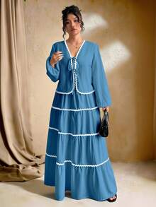 SHEIN Tall 加大码女式编织纹理长袖开衫，搭配系带腰带，撞色荷叶边下摆设计，松紧腰长裙，法式优雅浪漫两件套 - 霧霾藍 - 查看 4