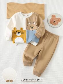 Cozy Pixies Bộ 2 quần jogger cạp chun co giãn họa tiết động vật hoạt hình cho bé trai, màu tương phản, lót nỉ giữ nhiệt, cổ tròn, áo nỉ dệt kim mềm mại - Màu be - Xem 8