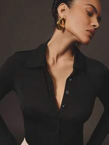 Hauture 商务办公室性感秋季黑色透明弹力领口 Polo 衫纽扣长袖紧身衣