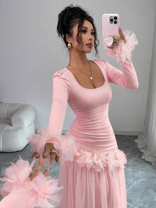 Elenzga 女士畅销新款浪漫法式修身花卉蕾丝边优雅中长连衣裙，长袖 - 粉色 - 查看 3