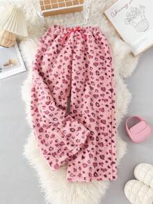 SHEIN Unity Pink Rabbit Fur Leopard Print Bow Elastic Waist Straight Pants - Pink - View 3