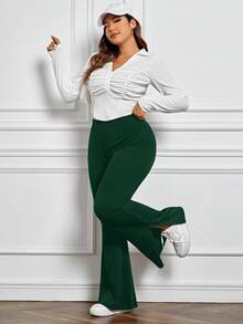 SHEIN PETITE CURVE Plus Petite 女士开衩喇叭裤 - 墨綠色 - 查看 2