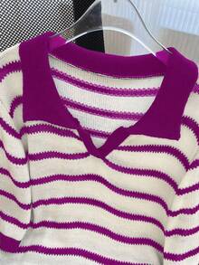 GlowEve CURVE Plus Size Casual Commuter Striped Short Sleeve Knit Top - Hot Pink - View 5