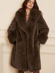 Revavyn Fashionable Solid Color Chic Minimalist Design Lapel Faux Fur Jacket, Slimming And Elegant - Brown - View 3