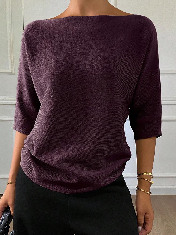 Women's Solid Color Fitted Boat Neck Half Sleeve Casual Elegant Knit Top, Autumn/Winter