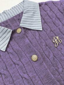 Chiquease Áo khoác len cardigan ngắn 2 trong 1 chắp vá thời trang lấy cảm hứng từ Blogger, phong cách Châu Âu và Mỹ - Màu tím  Violet - Xem 5