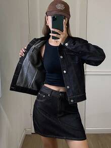 DAZY 纯色纽扣牛仔外套和半身裙 秋冬 Y2K - 藍色 - 查看 1