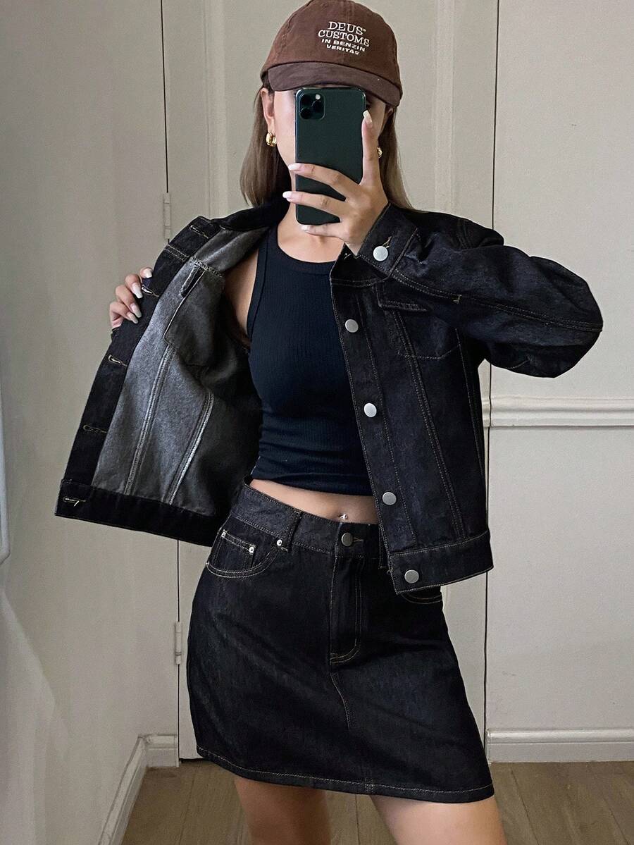 DAZY 纯色纽扣牛仔外套和半身裙 秋冬 Y2K - 藍色 - 查看 1