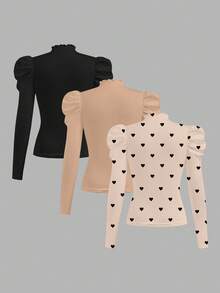 SHEIN 3 件套青少年女孩休闲百搭修身立领泡泡长袖心形印花 T 恤，秋冬 - 彩色 - 查看 5