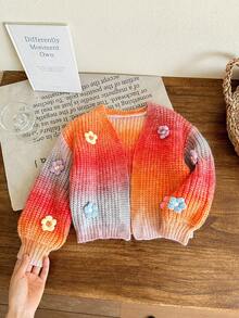 SHEIN LMoss Kids Cardigan ample décontracté avec fleurs 3D blocs de couleurs pour jeune fille, vêtements d'automne et d'hiver pour fille - Multicolore - Voir 1