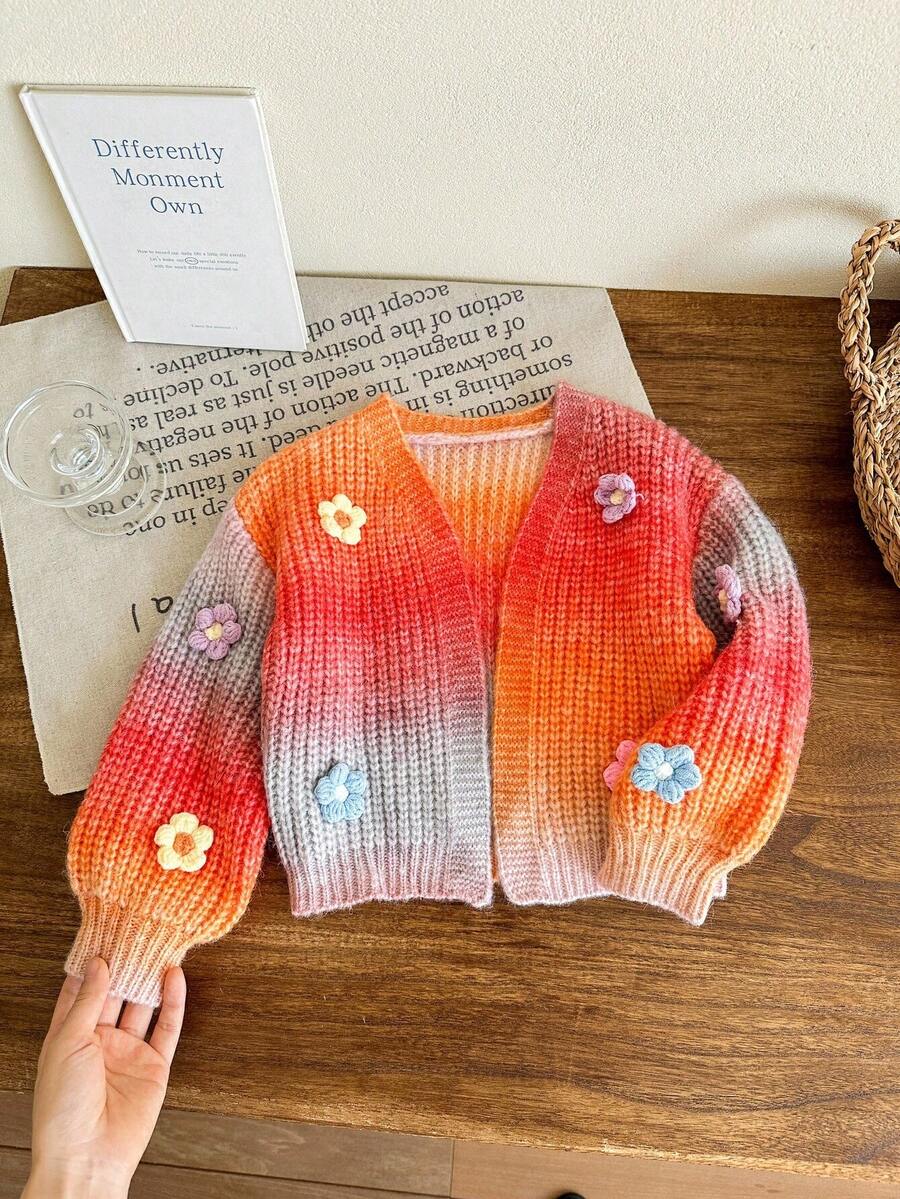 SHEIN LMoss Kids Cardigan ample décontracté avec fleurs 3D blocs de couleurs pour jeune fille, vêtements d'automne et d'hiver pour fille - Multicolore - Voir 1