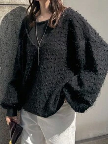 FRIFUL Women's Ribbed Texture Fluffy Patchwork Loose Casual Sweater - Black - View 6