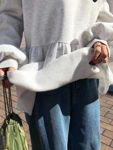 FRIFUL Women's Contrast Color Letter Print Crew Neck Long Sleeve Sweatshirt Autumn/ Back-To-School School White Casual Graphic - Grey - View 6