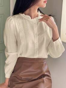 DAZY Elegant Stand Collar Puff Sleeve Women Blouse Long Sleeve Top