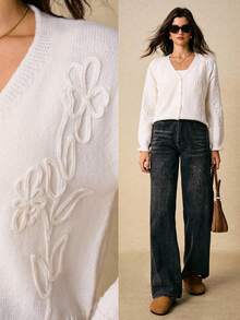 Poéselle Cárdigan de punto bordado para mujer, suéter de manga larga con botones y estampado floral, ropa exterior suave para otoño, blusa esponjosa, pantalones de pijama para el Día de Acción de Gracias y Halloween, suéteres de otoño para mujer, cárdigan de mujer - Blanco - Ver 3