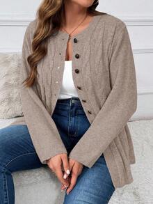 Plus Size Autumn/Winter Casual Cable Knit Button-Front Cardigan - Dusty Pink - View 3