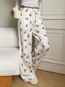 CovetEZ 女士休闲鹿纹弹力腰阔腿裤 - 米色 - 查看 3