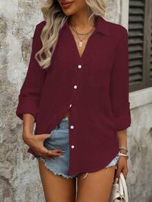 SHEIN LUNE Kemeja Kasual Polos Lengan Panjang Kancing Depan dengan Kantong dan Kerah, Cocok untuk Wanita, Cocok untuk Musim Semi dan Gugur. - Merah tua - View 4