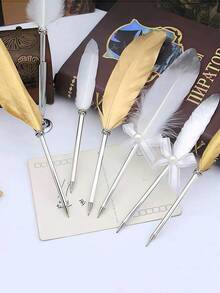 1 件欧洲复古英式金色羽毛笔书法书写工具，适合婚礼圣诞派对礼物教师学生维多利亚文学主题装饰 - 彩色 - 查看 2