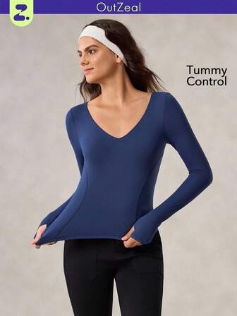 OutZeal Women Tummy Control Soft Quick-Dry V Neck Thumb Holes Long Sleeve Tight T-Shirt Sports Workout Gym Top