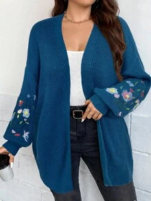 SHEIN LUNE Áo khoác cardigan trễ vai thêu hoa Plus, cho mùa đông - Màu xanh lam - Xem 6