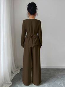 Elenzga 新款春秋奶油黄亚麻V领交叉长袖衬衫和高腰宽松阔腿裤两件套女装 - 棕色 - 查看 5