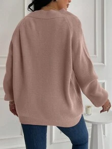 EURMUSE Plus Size V Neck Raglan Sleeve Pullover Sweater, Winter - Pink - View 2