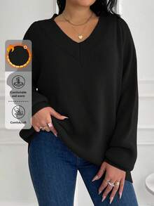 EURMUSE Women's Plus Size V-Neck Raglan Sleeve Sweater, Winter - Black - View 1