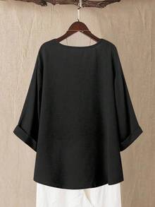 Linhara Plus Size Women Floral Print 3/4 Sleeve Shirt, Spring/Summer - Black - View 2