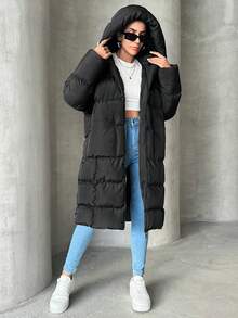 EURMUSE Solid Zip Up Hooded Puffer Coat - Black - View 4