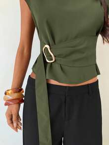 Aloruh Coffee Metal Buckle Decor Women's Stand Collar Short Sleeve Cropped Fashionable Commuter Shirt - Army Green - View 6