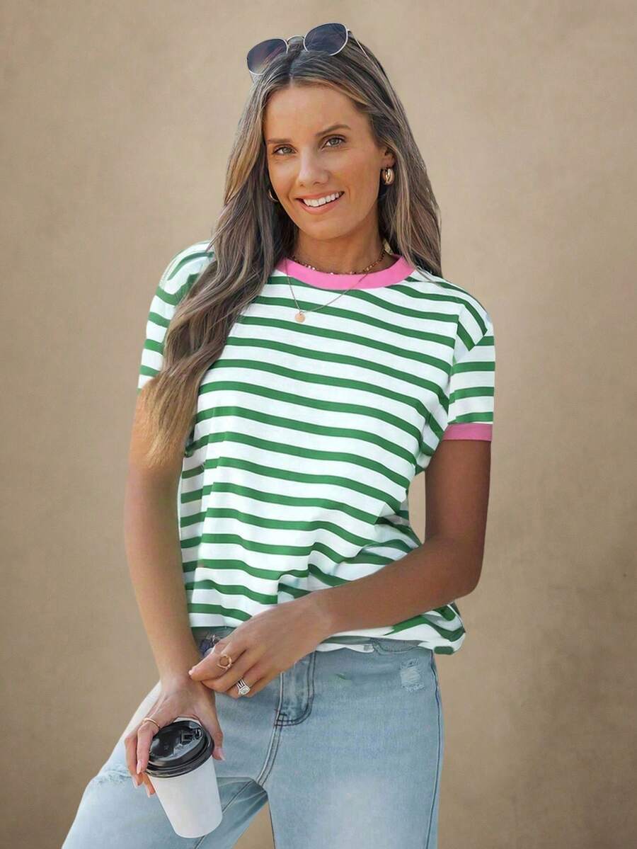 EMERY ROSE Áo thun mùa hè cỡ lớn, phong cách tối giản, họa tiết sọc xanh lá cây. - Nhiều màu - Xem 1