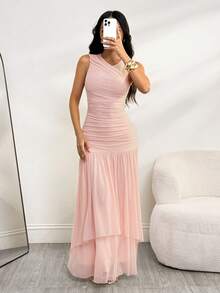 SHEIN PETITE 女式纯色圆领褶边无袖休闲连衣裙，夏季 - 粉色 - 查看 8