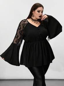 SHEIN CURVE+ Plus-Size Women's Black Long-Sleeved Lace-Spliced Solid-Color Top, Black Shirt/Autumn /Winter Halloween - Black - View 3