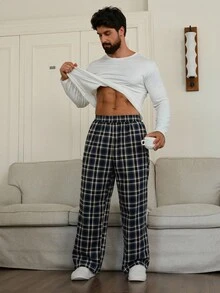 DAZY Pantalones de estar por casa con cintura elástica a cuadros de colores para hombre, pijama de otoño e invierno - Multicolor - Ver 3