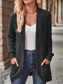 EMERY ROSE Women's Casual Ribbed Brushed Open Front Side Pocket Shorts Thin Jacket - Black - View 1