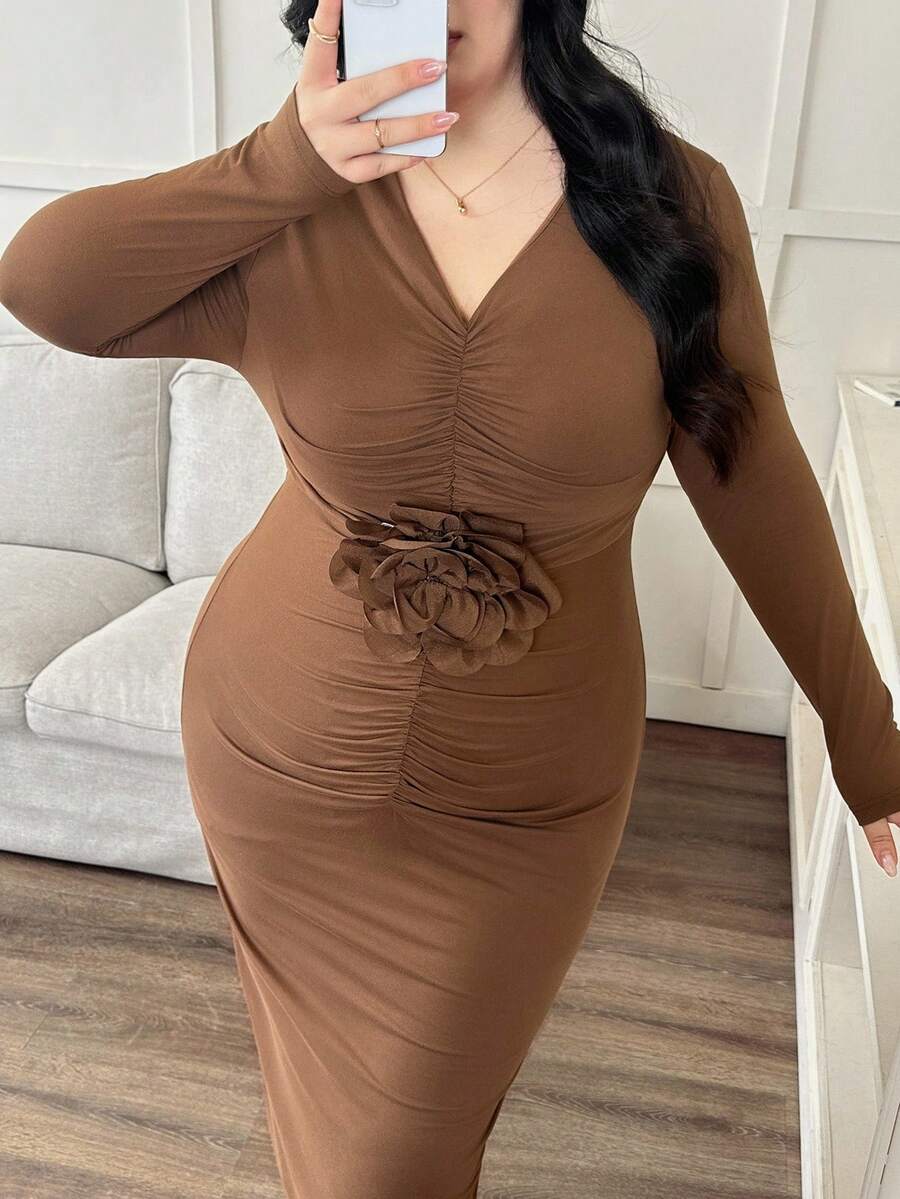 Modelyn Women's V-Neck Long Sleeve Fitted Ruched 3D Floral Luxurious Korean Elegant Plus Size Midi Dress, Autumn/Winter - Coffee Brown - View 1