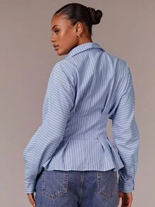 Athîral Women's Sky Blue Striped Peplum Blouse | Structured Waist Ruffle & Tailored Collar For A Flattering Office-Ready Look,Peplum Blouse ,Office Wear,Striped Blouse,Workwear Style,Structured Shirt,Professional Wardrobe,Business Casual Woman,Wardrobe Basic,Casual Everyday Wear - Blue - View 2