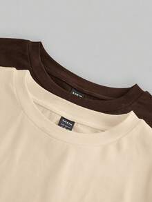 SHEIN EZwear 2pcs Women Crew Neck Casual Fitted Long Sleeve T-Shirt Set, Dark Brown & Light Beige, Suitable For Autumn/Winter - Multicolor - View 7