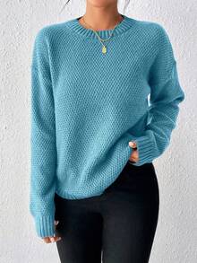 EMERY ROSE Casual Solid Color Arched Hem Sweater, Autumn/Winter - Teal Blue - View 4