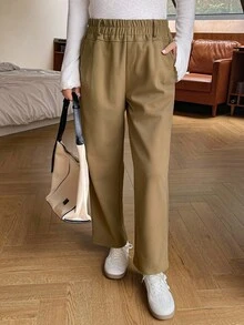 Livesso Simple Casual Solid Color Elastic Waist Straight Leg Pants - Khaki - View 4