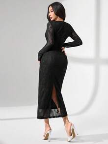 Modelyn Square Neck Lace Long Sleeve Fitted Midi Dress For Women Lace Black Dress Black Lace Bodysuit Black Dress Classy Elegant Long Sleeve Elegant Dress - Black - View 2