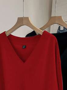 SHEIN LUNE 2pcs Women's Casual Solid Color V-Neck Fleece Sweatshirt, Suitable For Autumn & Winter,Casual - Multicolor - View 5