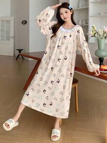 DAZY Camisola Longa Solta Feminina com Estampa de Filhote de Cachorro Cartoon, Gola Babado com Recorte Contrastante, Pijama de Outono - Damasco - Visão 6